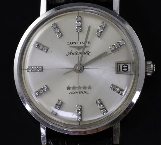 A gentlemans 1960s? 14k white gold and diamond set Longines Admiral automatic wrist watch,
